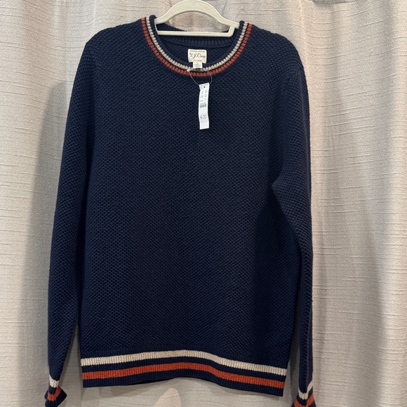 J.CREW NWT Navy Crewneck Sweater with Rust/Brown and Cream Trim Men’s Size L - Picture 1 of 8